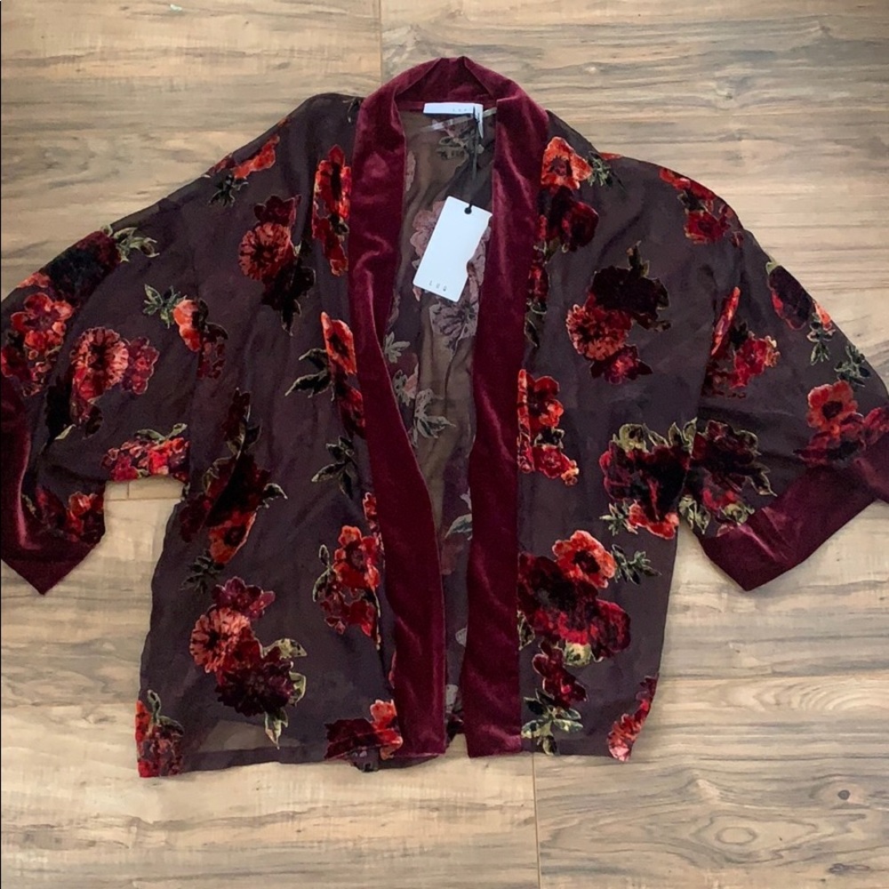 Velvet Trim Floral Kimono
